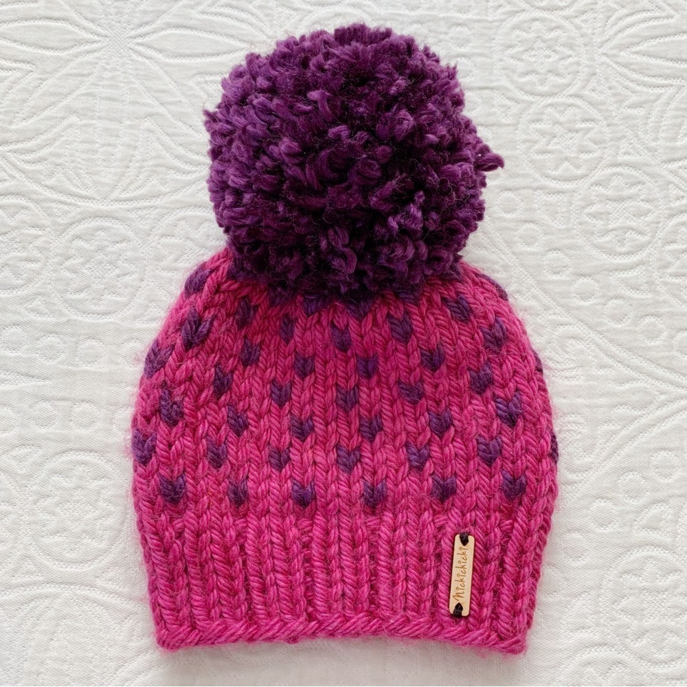 Nickichicki Girls’ Knit Pom Pom Beanie, Pink / Purple Tiny Hearts (2-4 Years)